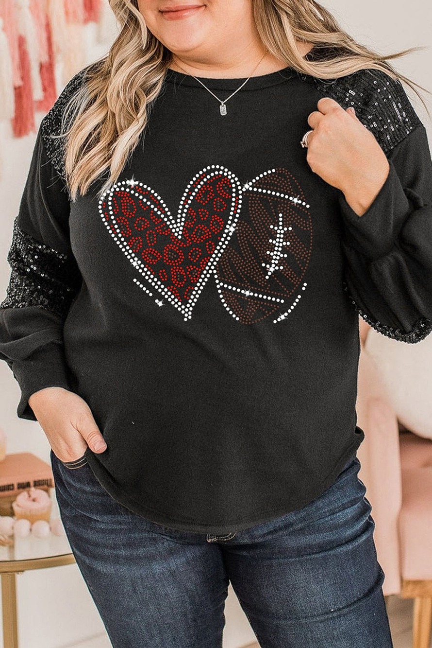 Black Rhinestone Heart Rugby Football Patched Sleeve Plus Size Top